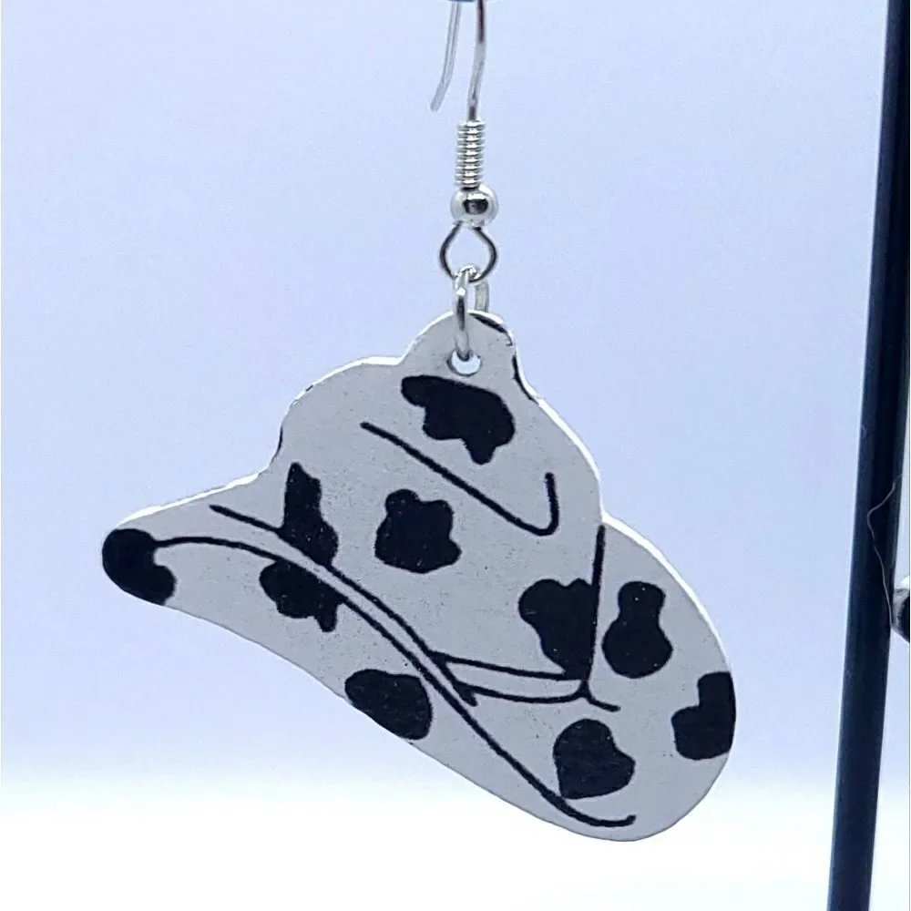 Cow Print Cowboy Hat Wooden Dangle Earrings Cowgirl Western Jewelry Boho 🤠 NWT